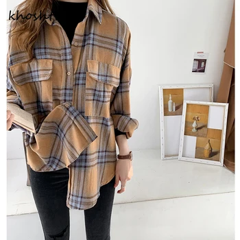 

Houthion Women's Shirt Blouse Spring Autumn New Korean Version Loose Lattice Pocket Buckle Shirt Blouse Fashion Casual Top