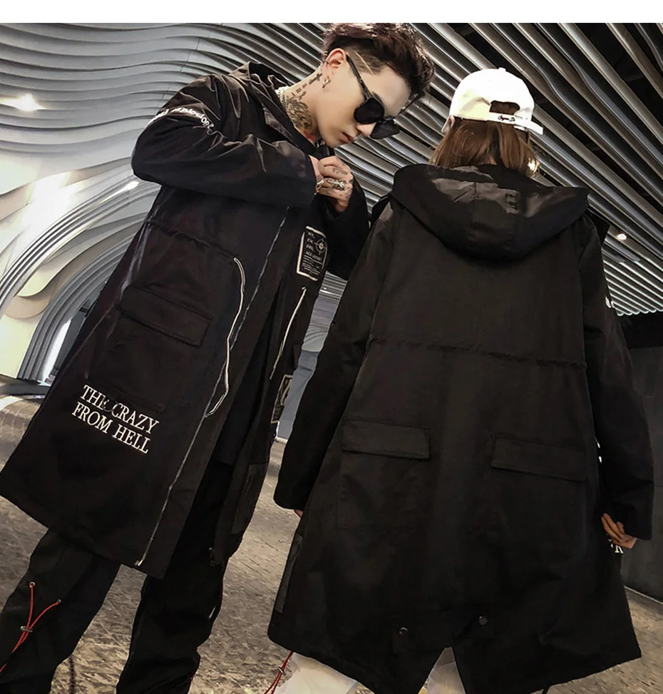 AELFRIC, длинный мужской Тренч,, модная готическая Черная ветровка с капюшоном, куртки в стиле хип-хоп, уличная одежда, пальто