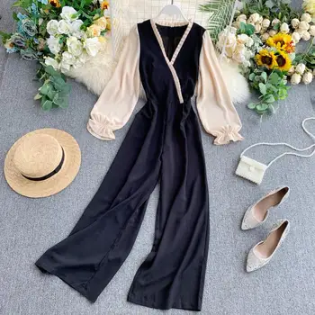 

Autumn Women's Jumpsuits New Japan Color Blocking Loose High Waist Wide Leg Jumpsuit Female Ankle-length Pants SP596