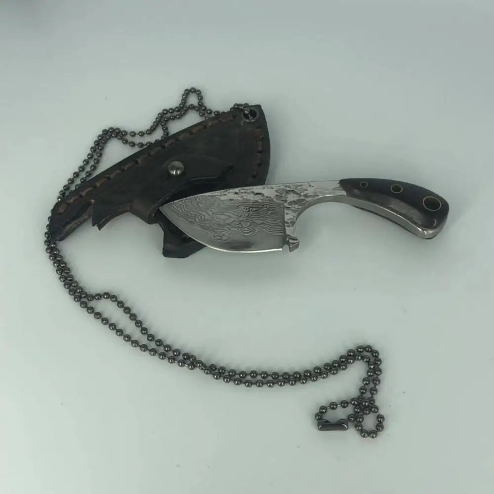

Mini Damascus Steel fixed knife Handmade forged Damascus steel hunting knife 60HRC Ebony handle with Leather sheath Tool