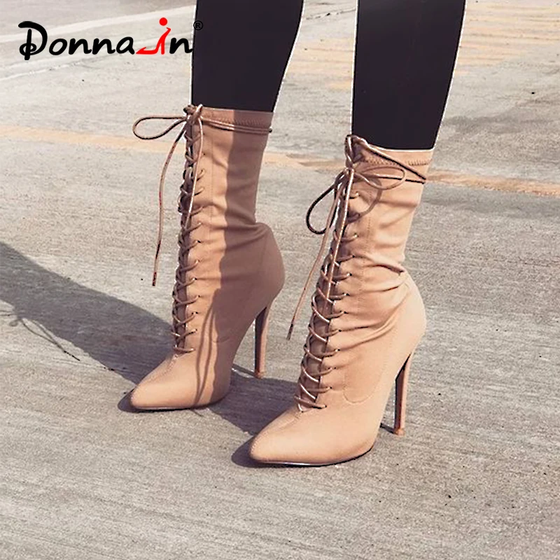 

Donnain Fashion Lace-up Calf boots Pointed Toe Stretch Fabric Vamp Boots Autumn Winter New Women Shoes High Heel Botas mujer