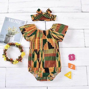 

New Girls Summer Rompers 2Pcs set Models African Bohemian Print Robe+Hair Band Suit Colorful Clothes 0-24M*