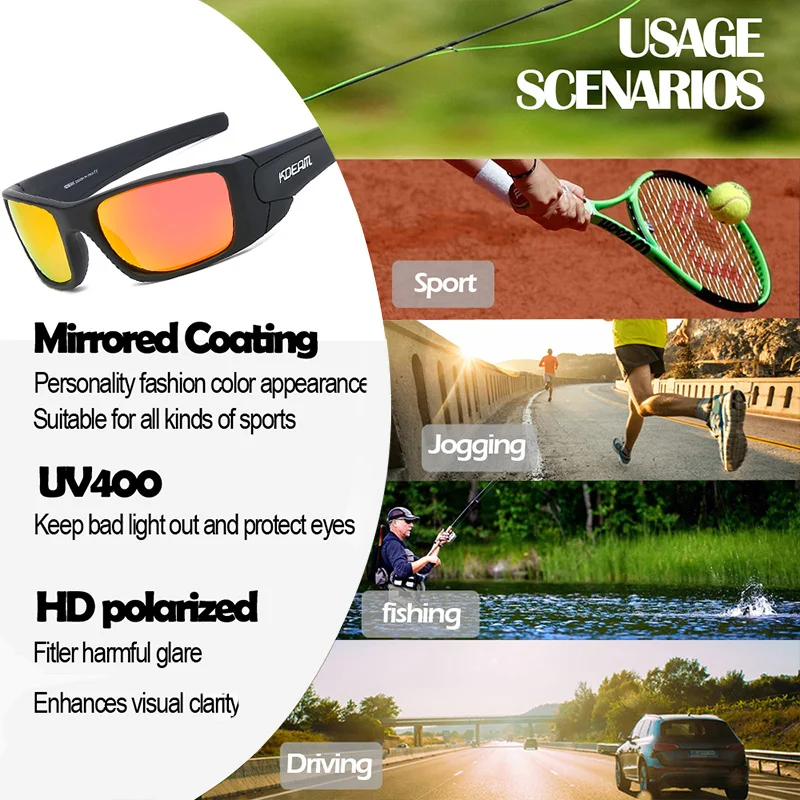KDEAM Unisex Rectangular Polarized Sunglasses for Men TR90 Frame Fashion Square Fishing Eyewear Outdoor Sports Sun Glasses UV