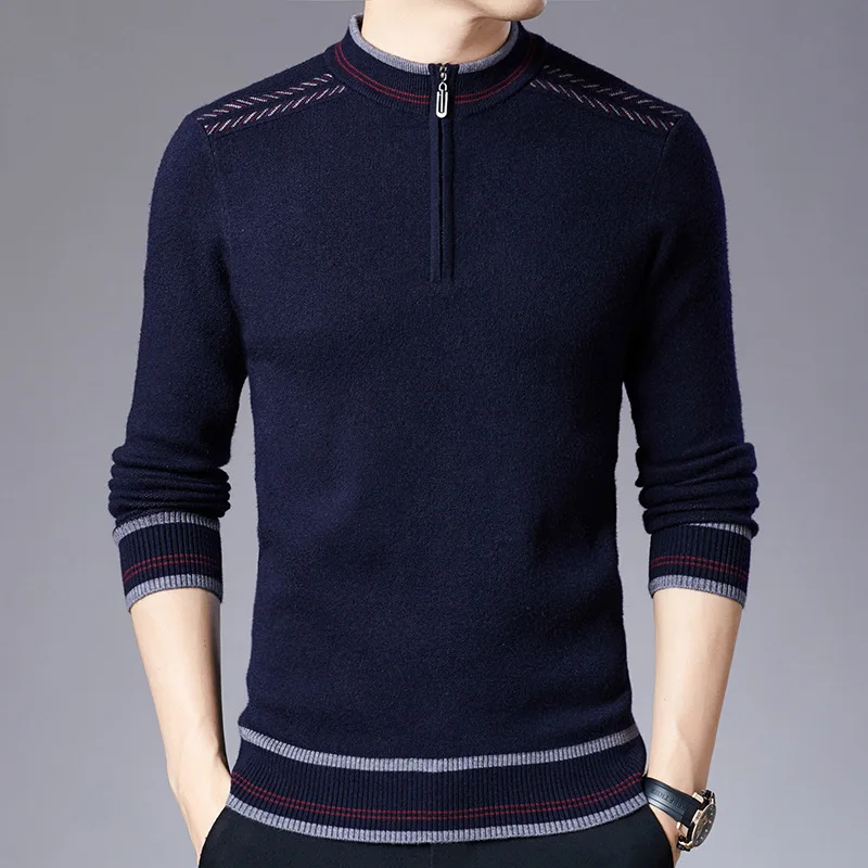 

2019 Autumn Winter New Men's Zipper Sweater Pullovers Stand Collar Slim Fit Thick Sweaters Male cashmere Knitted Pullover S-3XL