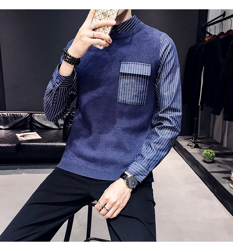 Британский стиль поддельные две части свитер пуловер свитер мужской Blusa Masculina модная одежда мужской круглый вырез длинный рукав вязание