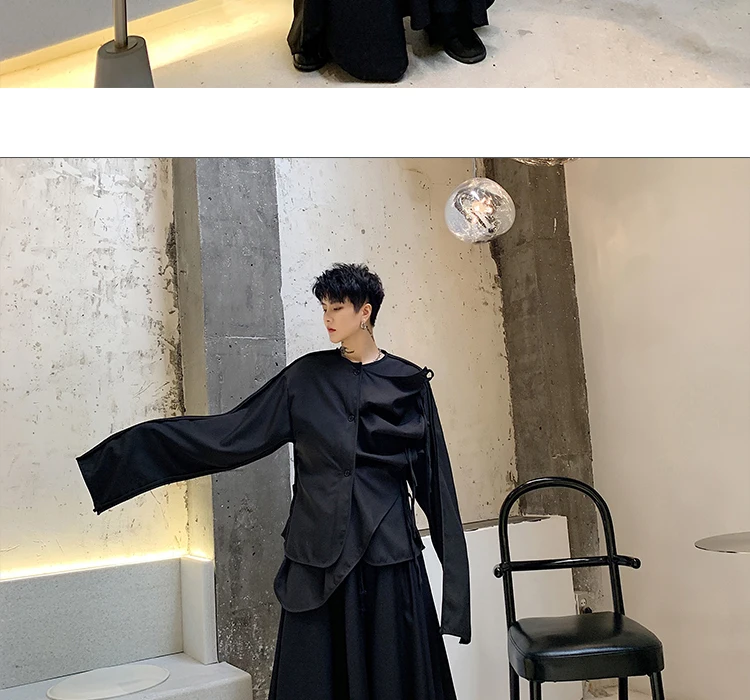 Men Fold Irregular Ribbon Splice Long Sleeve Casual Black Shirt Male Japan Style Streetwear Punk Gothic Shirts Stage Clothing