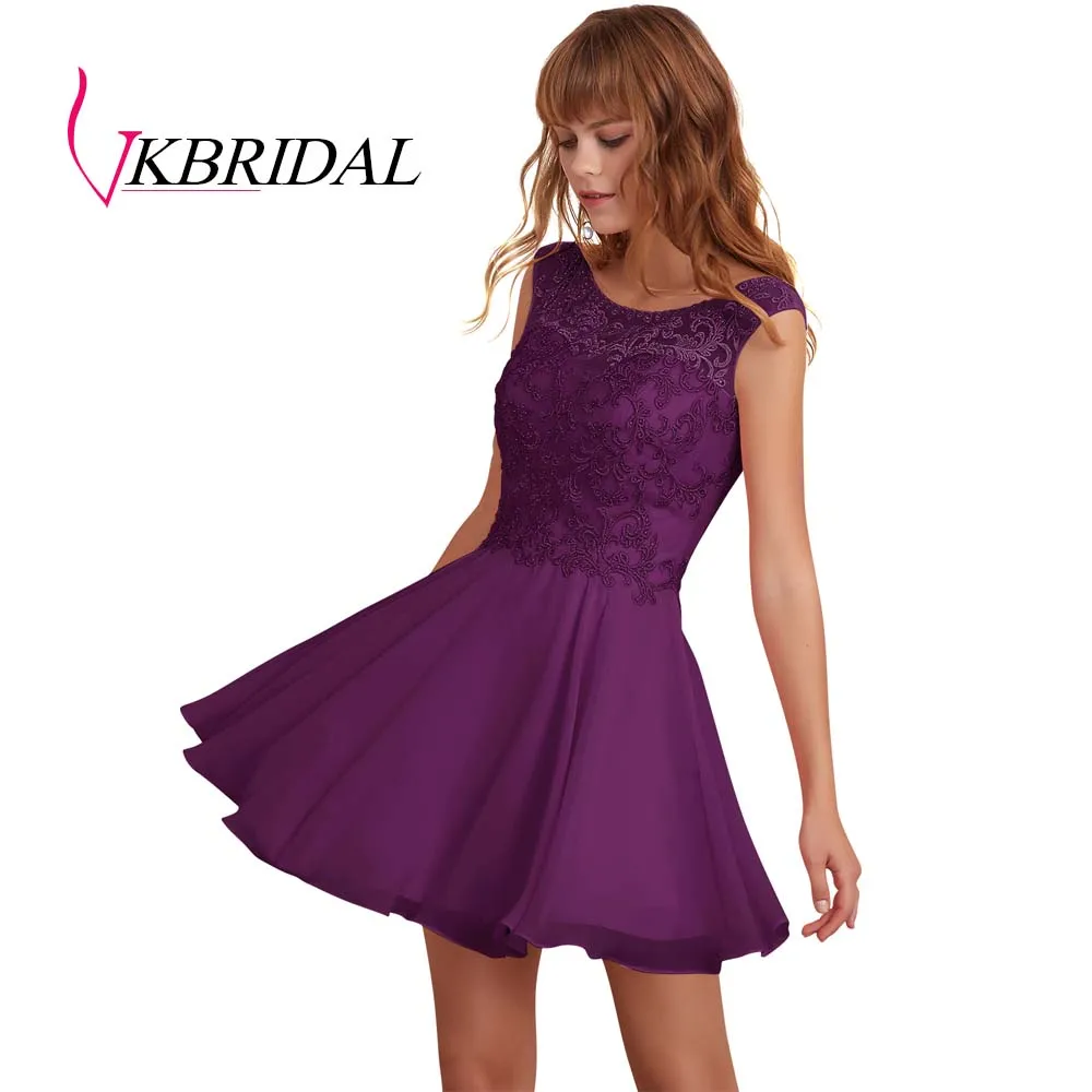 Фиолетовый VKBRIDAL розовые платья модная Милая шапочка рукав шифон Кружева с бусинами короткое для выпускного вечера платья - Цвет: Фиолетовый