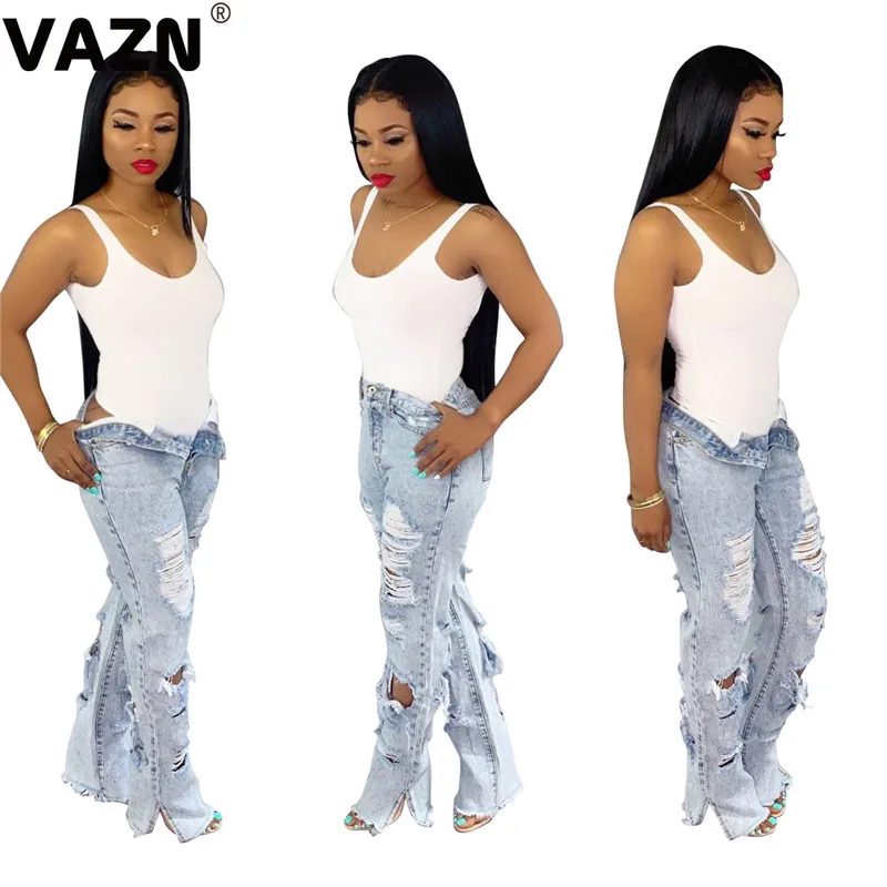 Light Blue VAZN HSF2062 возраст Девушки Длинные Jeans2019 повседневные женские джинсовые брюки Твердые Тонкие значительно выше Популярные отверстие Джокер длинные клеши - Цвет: Light Blue