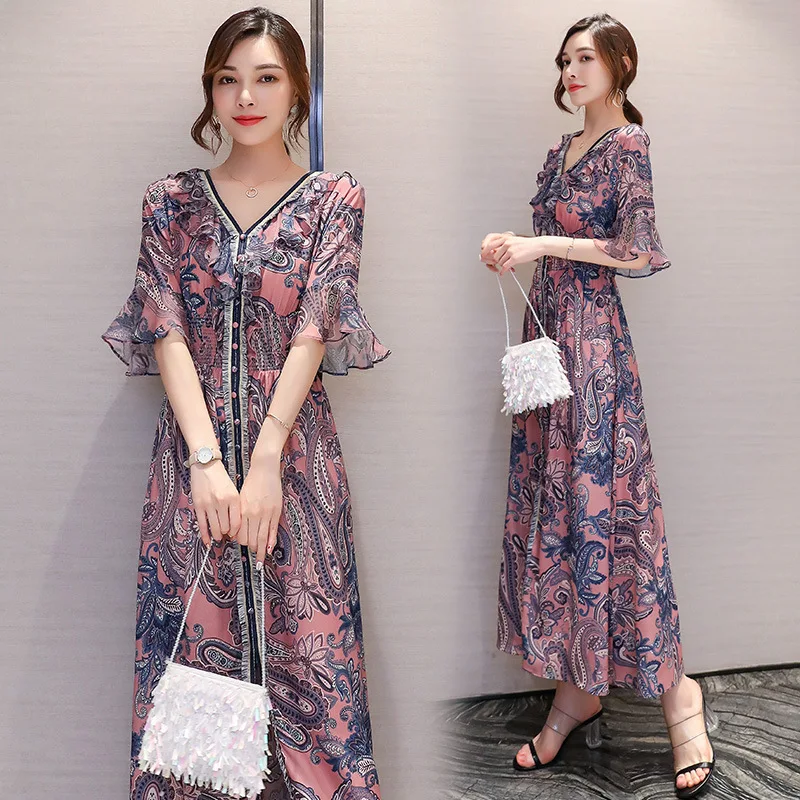 

2019 Summer New Style Waist Hugging Slimming Elegant Slim Fit Half-sleeve Shirt Skirt Floral-Print Chiffon Long Long Skirts Dres