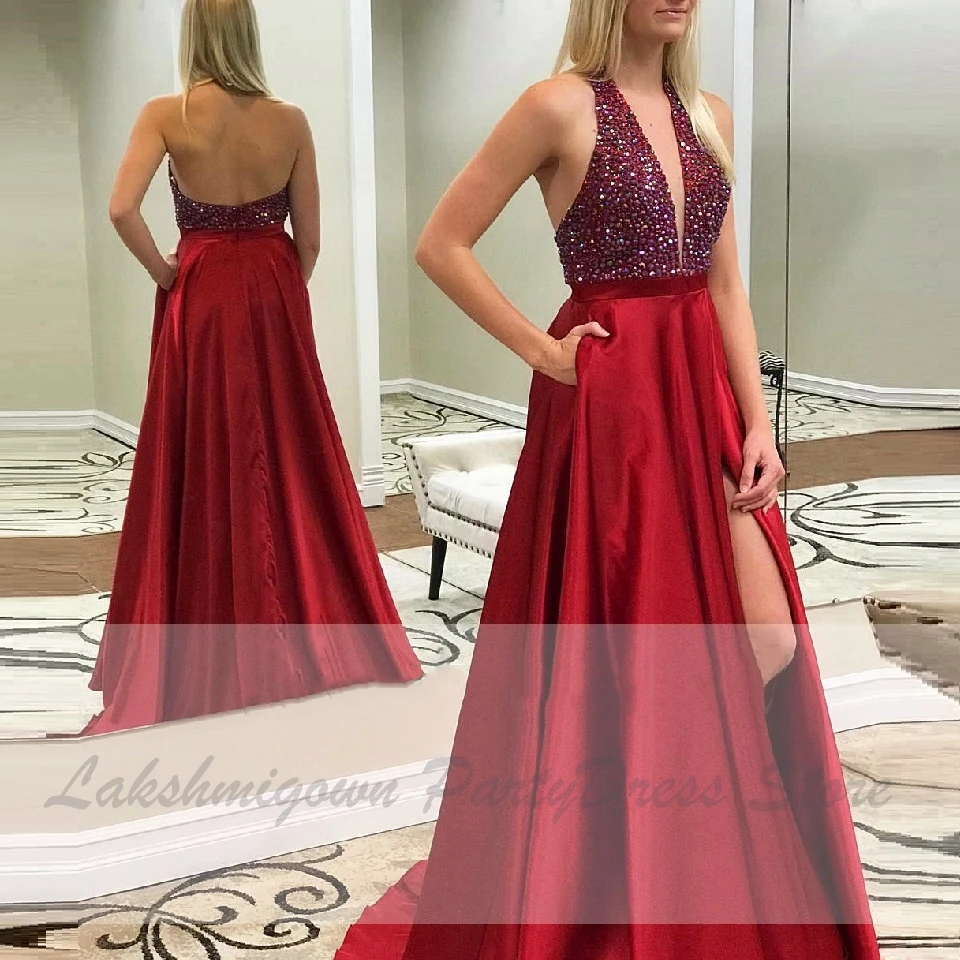 Lakshmigown сексуальное женское Красное Атласное длинное вечернее платье с карманами Vestidos праздничные платья для выпускного на бретелях вечерние платья с кристаллами