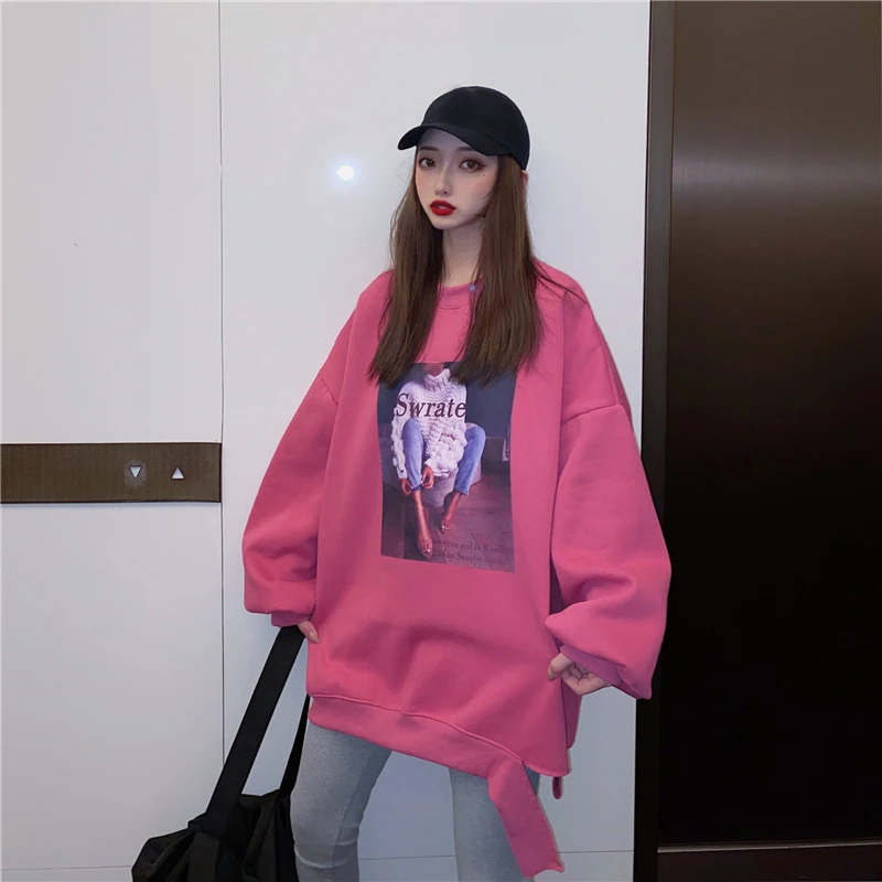 Rose red Новая модная женская толстовка с принтом, зимние женские толстовки с капюшоном, утолщенные Топы с длинным рукавом в стиле Харадзюку - Цвет: Rose red