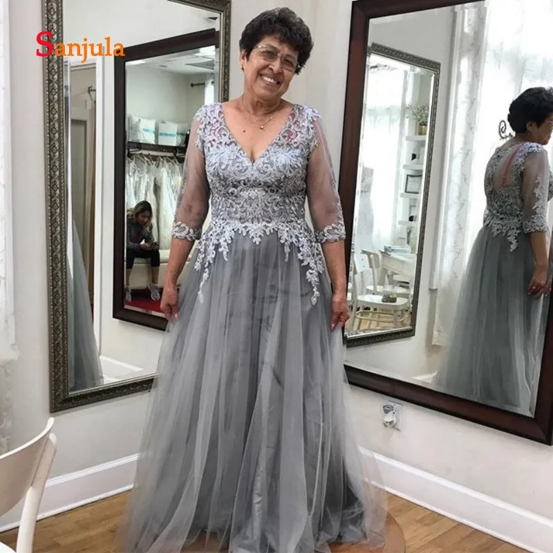 3/4 Sleeve Grey Tulle Mother of the Bride Dresses V Neck A-Line Plus Size Groom Mother Gowns Appliques vestido de madrinha D1320