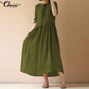 

Celmia 2020 Vintage Women Summer Dress 3/4 Sleeve Lace Up Front Solid Pleated Casual Baggy Long Maxi Vestidos Kaftan Plus Size
