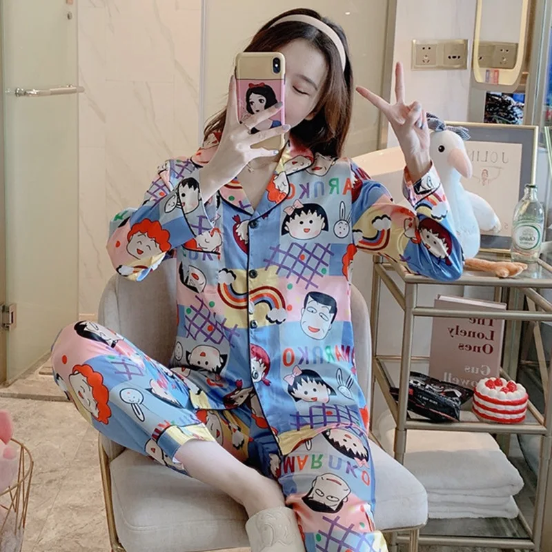 

Autumn Ice Silk Pajamas Women Winter Long-Sleeved Cute Sleepwear Female Nightie Cartoon Pijama Casual Home Suit Lady Homewear