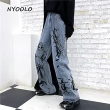 NYOOLO Винтаж уличная Мадонна печати вымытые джинсы осень Свободные Высокая талия полная длина прямые женские джинсовые брюки мужская одежда