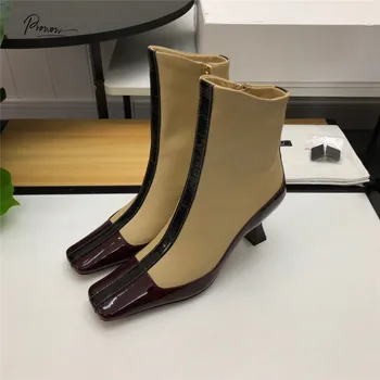 

Prowow FashionGenuine Leather Black Gladiator Side Zip Women Boots Square Toe Thin High Heel Autumn Winter Boots Shoes Women