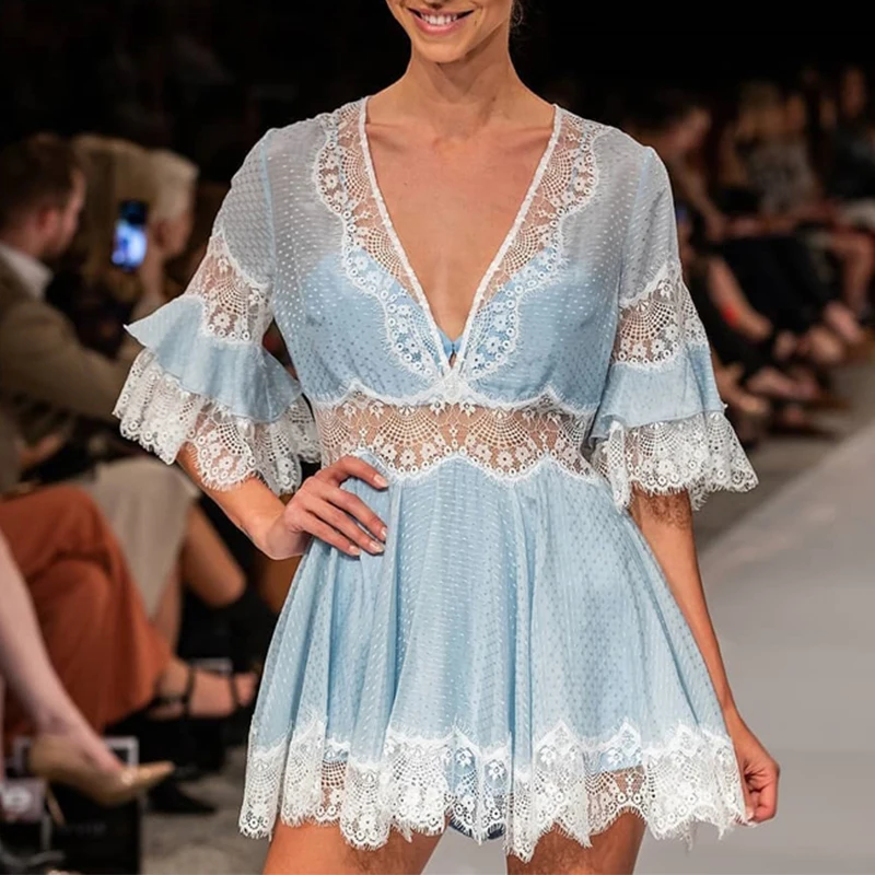 Дизайнерское платье для подиума женское летнее элегантное кружевное платье с v-образным вырезом и коротким рукавом