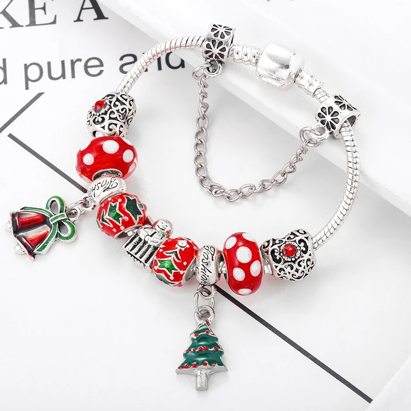 thumbnail image 5 of Pulsera con colgante de árbol de Navidad y campana de 19 estilos, color plateado, para mujeres y niños, hecha a mano, regalo de joyería navideña, 5 of 5