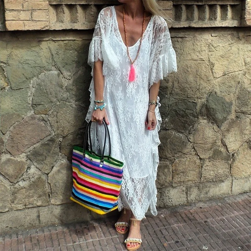 

S-5XL Plus Size Sexy Lace Long Dress Women Tunic White Black Loose Party Dress Elegant Flare Short Sleeve V Neck Holiday Dresses