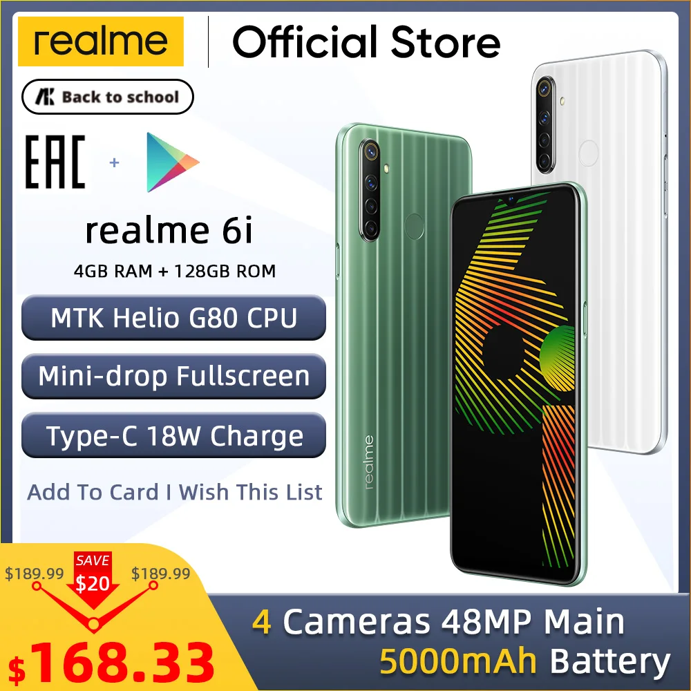 Realme 6i 6 i глобальная Версия Мобильный телефон 4 Гб RAM 128 ГБ ROM EU вилка зарядное устройство MTK Helio G80 5000 мАч Dewdrop дисплей 6,5 "мобильный телефон 