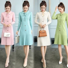 Bowknot Women Knit Dress Turn Down Pleated Hem Midi Knit Dress Korean Sweet Elegant Slimming Autumn Winter Women Dress