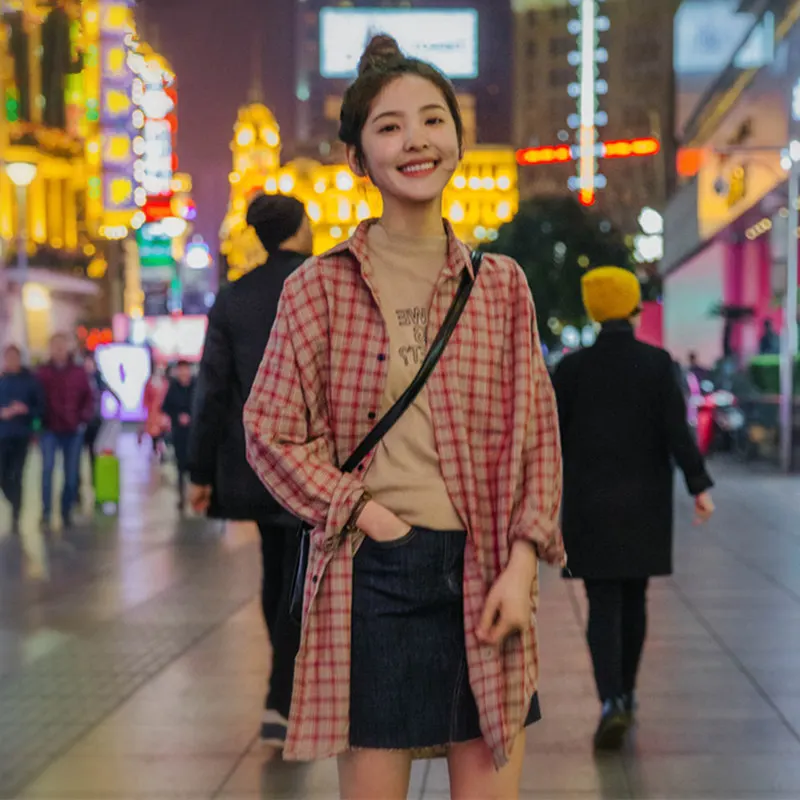 

Korean-style Plaid Shirt WOMEN'S Long Sleeve Spring Clothing New Style Versatile Loose Casual Mid-length Shirt Thin Coat