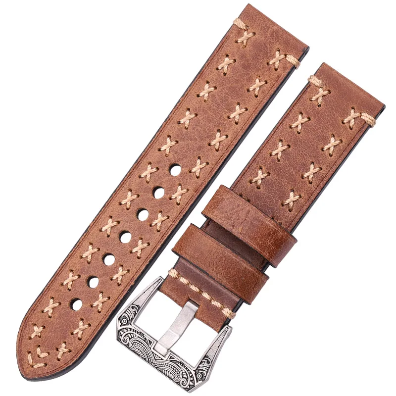 Handmade Genuine Leather Watchband with Retro Stainless Steel Buckle