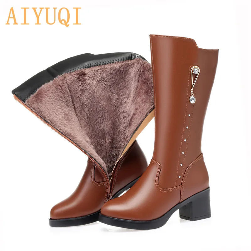 fluff brown AIYUQI г., новые зимние женские высокие сапоги из натуральной кожи теплые водонепроницаемые зимние сапоги женские сапоги на высоком каблуке - Цвет: fluff brown