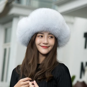 

Women's Raccoon Fur Hats With Leather Tops Ear Flaps Bomber Hats Russian Ushanka Outdoor Leifeng Fox Fur Caps