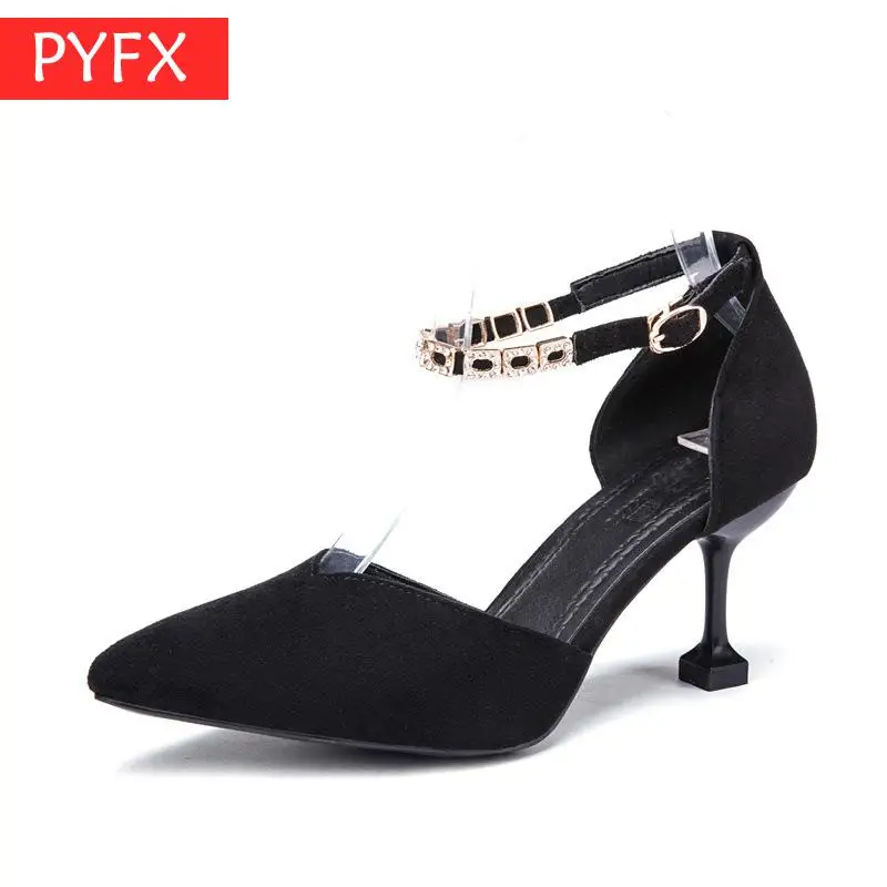 

Net red high heel women's fine with 2019 new Korean version metal buckle black suede sexy banquet luxury Women's high heels