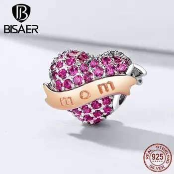 

BISAER Mother Gift 925 Sterling Silver Moms Love Heart Shape Beads Charms fit for Charm Bracelets DIY Jewelry Making ECC1174