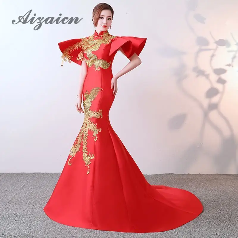 Китайское вечернее платье красная Русалка свадебное Qipao длинное женское феникс вышивка Cheongsam Сексуальная элегантная одежда розовая одежда Vestidos