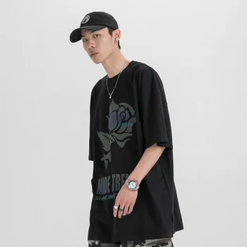 

Homens reflexivo rosa imprimir casual manga curta camiseta masculina feminino casal de rua alta hip hop solto camiseta vestido