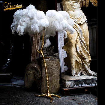 

modern luxury Ostrich Feather Gold floor lamp Copper Brass Resin nordic Standing Lamp for Villa Tripot hotel Decorative lighting