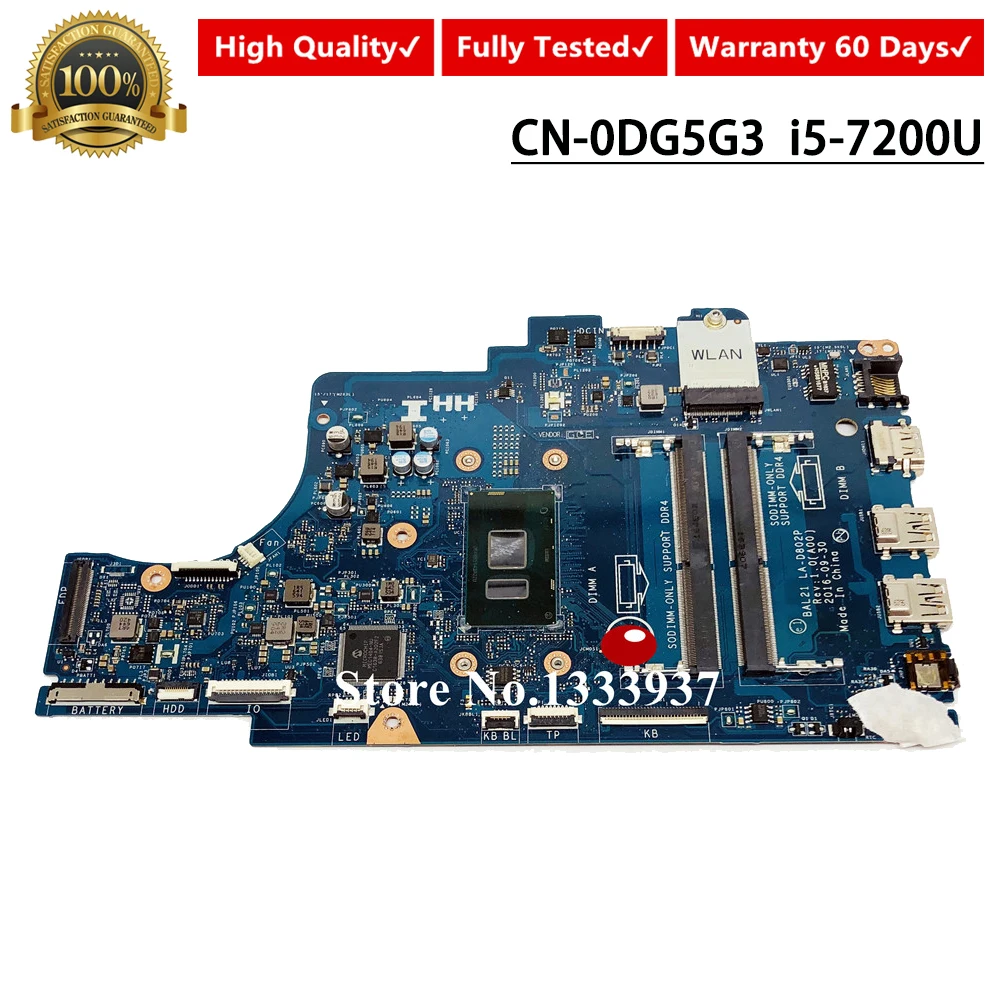 Ideal  BAL21 LA-D802P CN-0DG5G3 Mainboard FOR DELL Inspiron 15 5567 5767 Laptop Motherboard i5-7200U 0DG5G