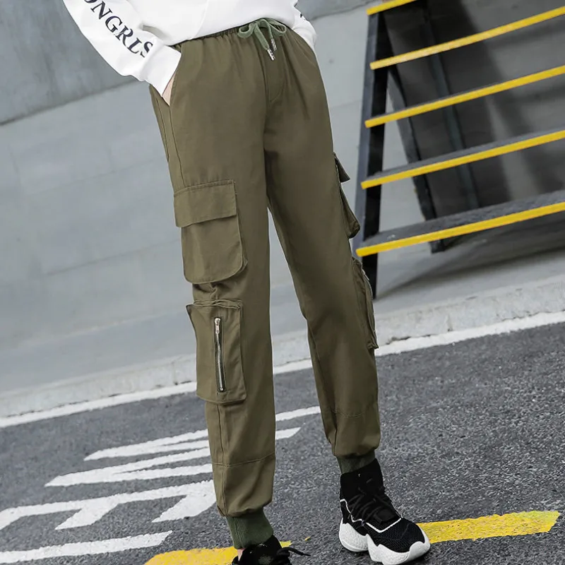green pants Woherb/однотонные брюки-карго с высокой талией; свободные брюки с карманами; женские спортивные брюки в стиле Харадзюку; корейская мода; Новинка; уличная одежда; 91124 - Цвет: green pants