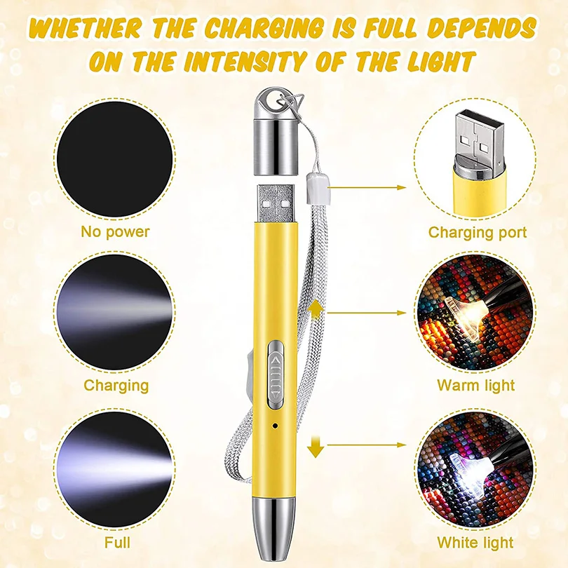 Stylo de Peinture Diamant 5D à Recharge USB, Perceuse LED, Outils avec 2 Modes de Lumière, Pas Besoin de Câble