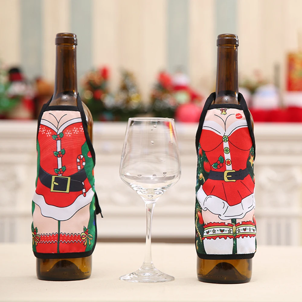 Мини Рождественский фартук, крышка для бутылки вина, набор, новогодние вечерние украшения стола, фартуки с изображением Санты, рождественские украшения для дома