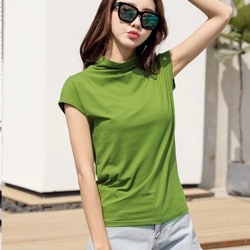 

Summer Cotton T Shirt Women's Slim Fit Tops 2020 New Short Sleeve Sweet Tees Solid Loose Turtleneck Tshirt Women's Shirts S 3XL