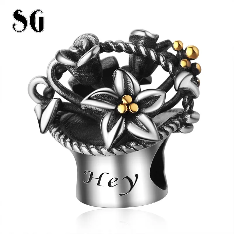 

SG HOT New Design Fit Europe Bracelet 100% 925 Sterling silver Romantic Flower basket Charms Rose beads for Women Gift Jewelr