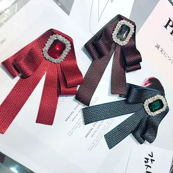 

2020 British Retro Polka Dot Ribbon Bow Tie Women Shirt Collar Rhinestone Brooch Pin