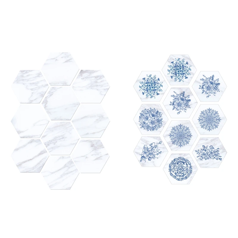 1 Set 20 Pcs Imitation Blue and White Porcelain Marble Hexagonal Tile Stickers Bathroom Kitchen DIY Nonslip Floor Tiles 3D Stick | Дом и сад