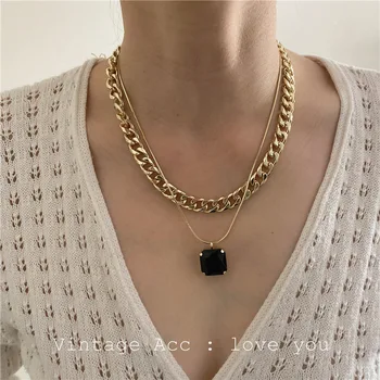 

Korea Retro Black Rhinestone Geometric Necklaces Exaggerated Double Layer Chain Necklace Temperament Pendant Necklace