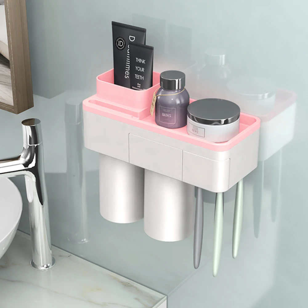 Настенный, автоматический диспенсер для зубной пасты для ванной для хранения косметики сливная полка чашки перевернутый магнитный держатель для зубной щетки на присосках - Цвет: 2cups pink