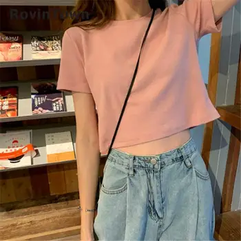 

2020 New Summer T-shirt Women Slim-fit Short-sleeved Casual Short Tops O Nets Solid Color High Waist Korean Style Free Shipping