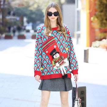

Women Christmas Sweater 2019 Winter Thick Oversized Sweater Lazy Oaf Peacock Plaid Snow Appliques Loose Long Pullovers Knit Tops