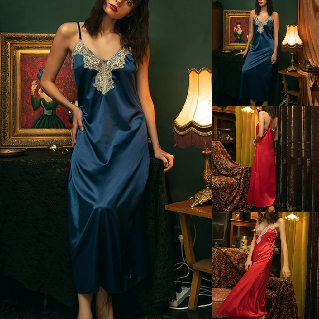 Women Satin Silk Long Nightdress Sexy ...