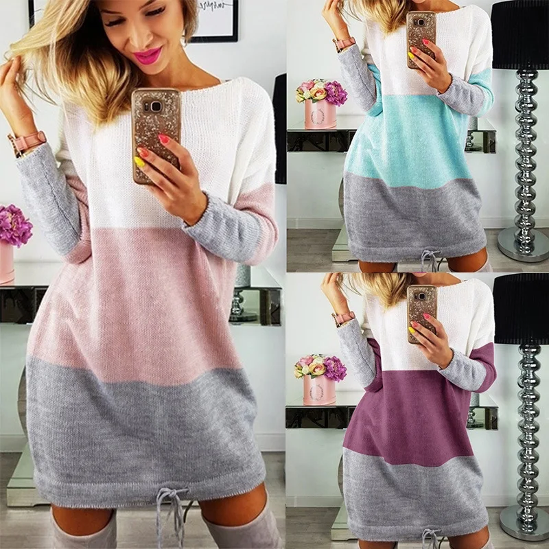 

Mini Knitted Sweater Dress Bandage Pink Purple Blue White Gray Patchwork O Neck Long Sleeve Dresses Women Clothes Streetwear