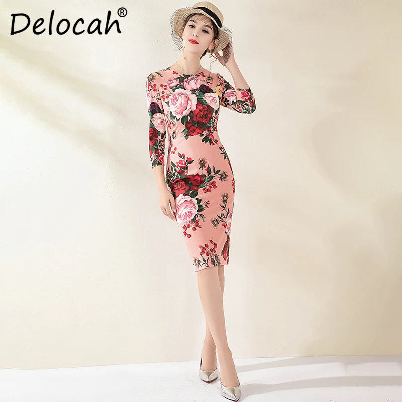 Delocah, осенне-зимнее женское платье, модный Дизайнерский Костюм Элегантный Пион, с принтом, современное, тонкое, длиной до колена, для девушек