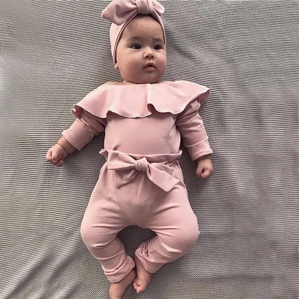 

2019 Autumn Clothes Set For Girls Infants Baby Toddler Long Sleeve Pullover Playsuit Romper+Bow Long Pants 2pcs Suit WT723